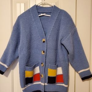Wool Blue Cardigan with checkered pockets